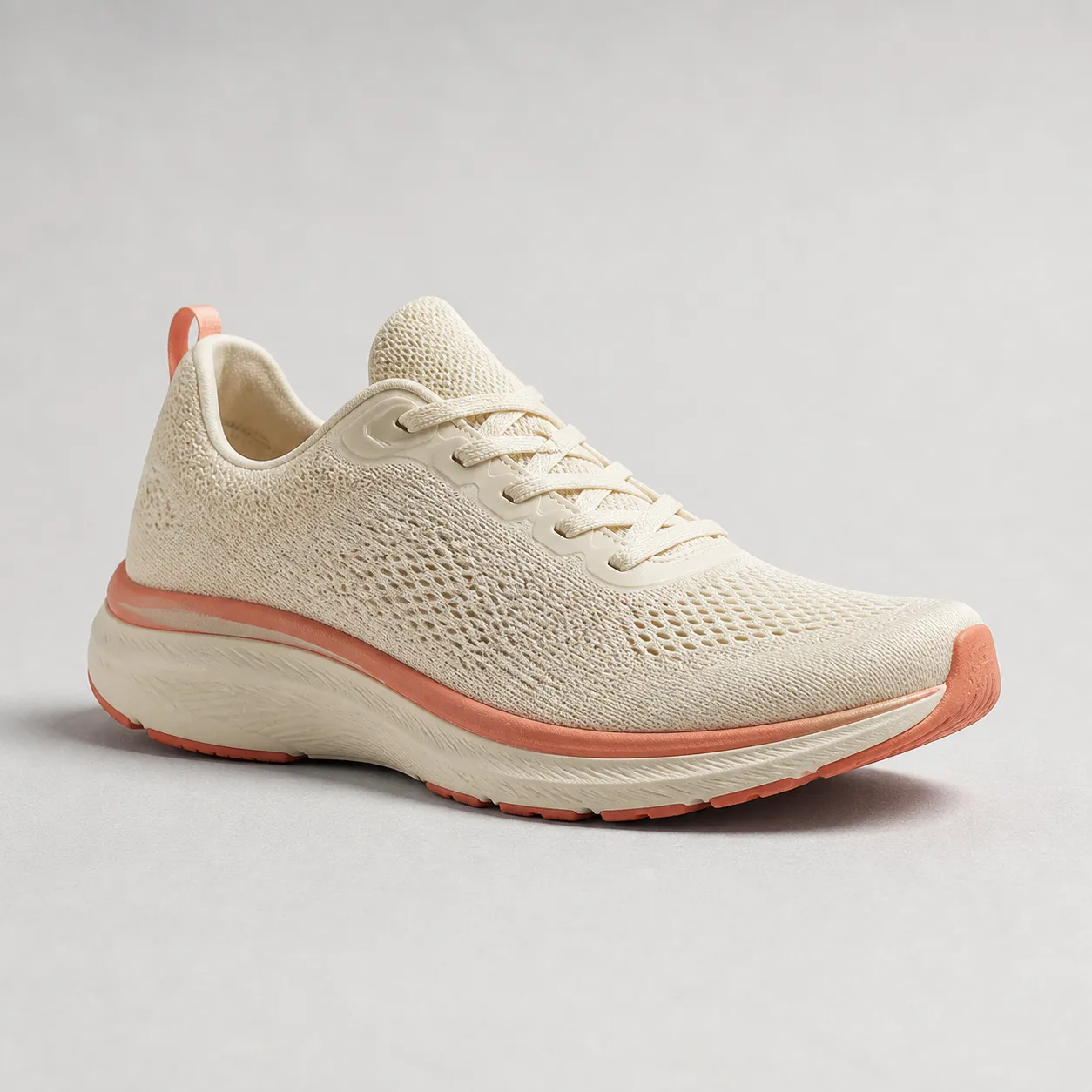 Ivory running shoe with coral sole accents