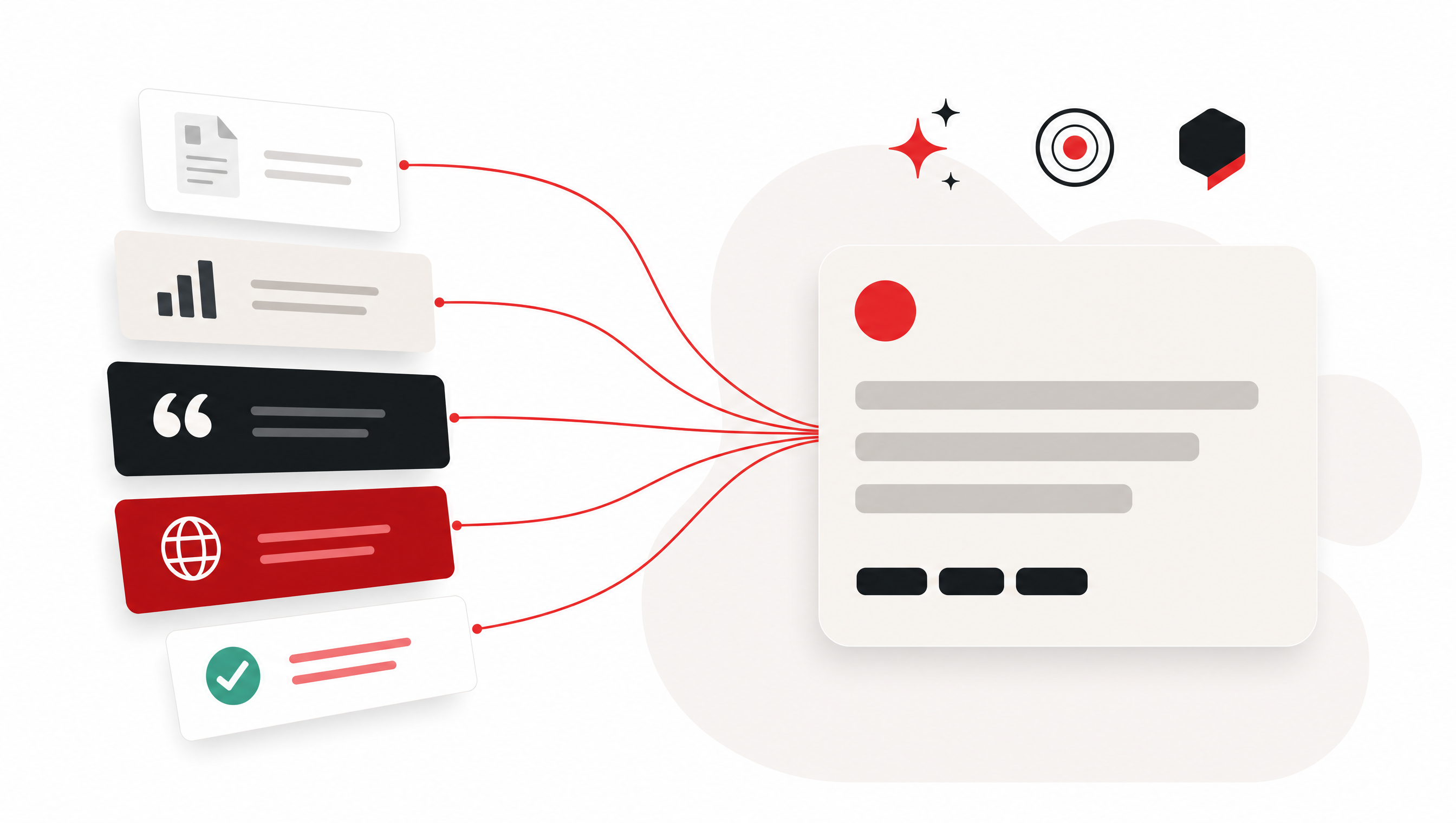 Illustration of articles, charts, quotes, and reviews flowing into a single AI-generated answer card, representing how answer engines synthesize sources