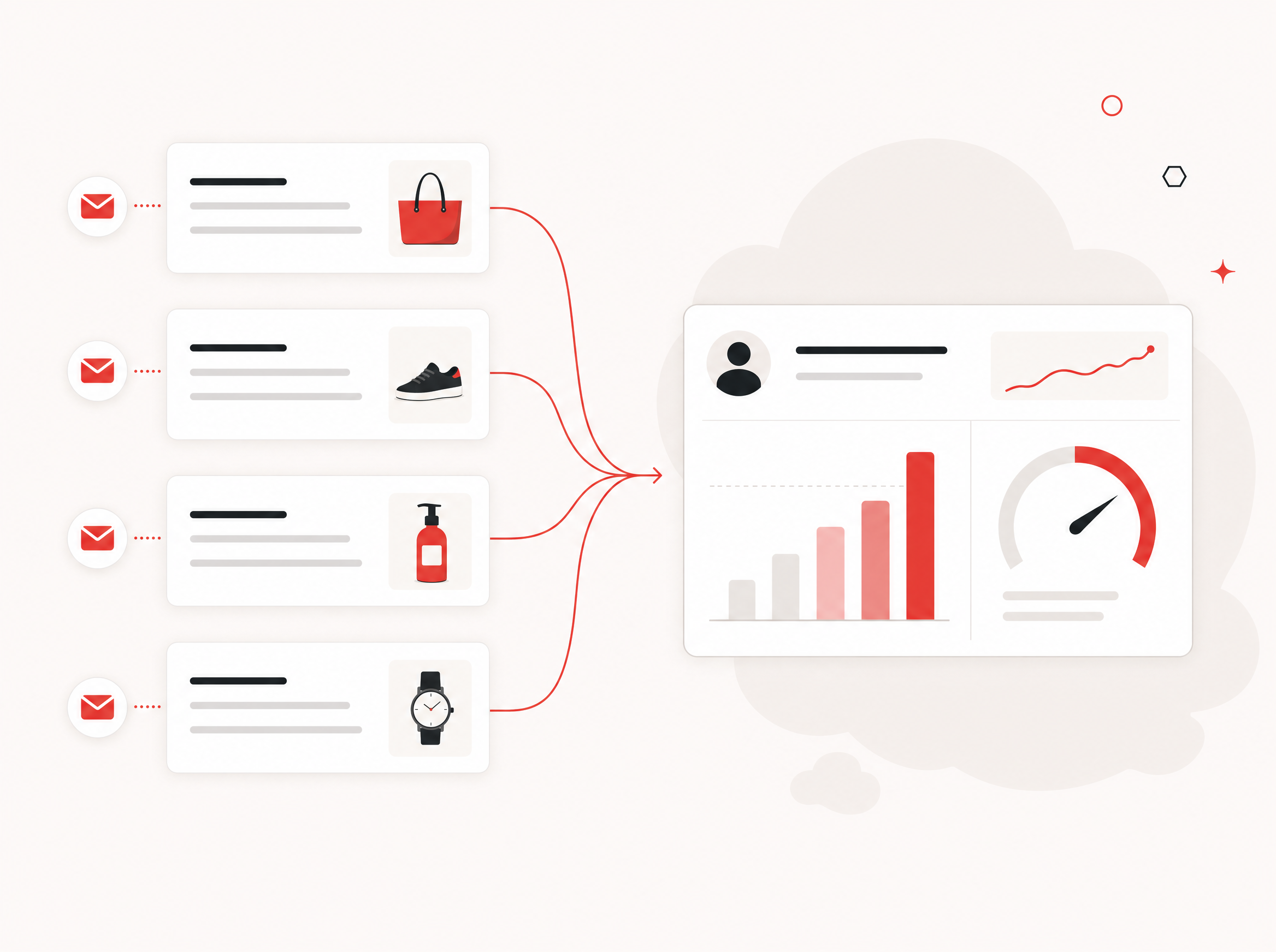 Editorial illustration of an email inbox with product cards, subject lines, and engagement signals flowing into a single revenue dashboard