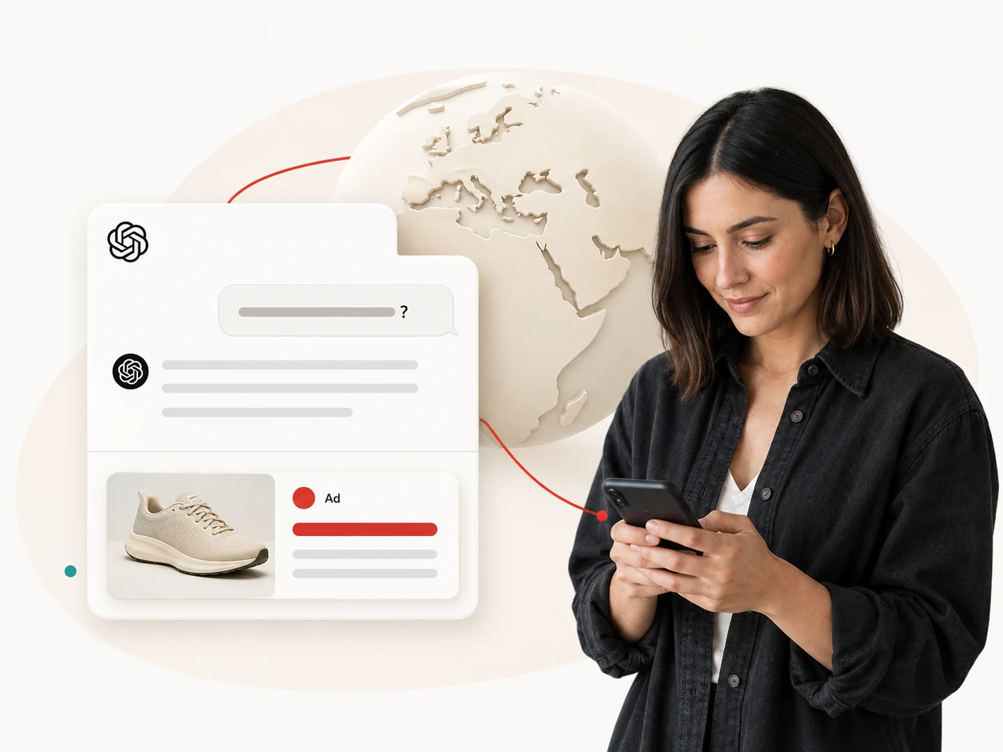 ChatGPT conversation and a shoe ad beside a customer using her phone, with a globe showing Europe and the Middle East.
